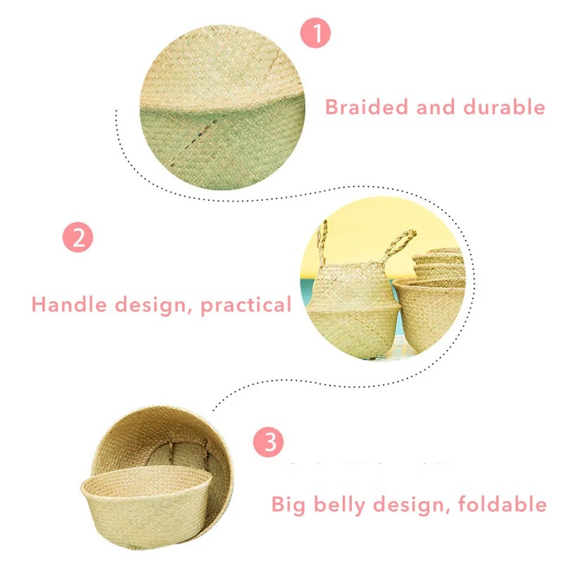 Garden Plant Flower Pot Handmade Rattan Storage Basket Foldable Seagrass Straw Hanging Woven Handle Toy Storage Container 1Pc