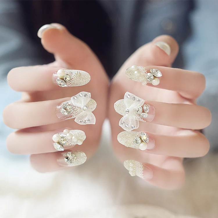 

Super March White Lace with Tie Pearls Style Wedding False Nails 24pcs High Quality Full Wedding Decoration for Finger