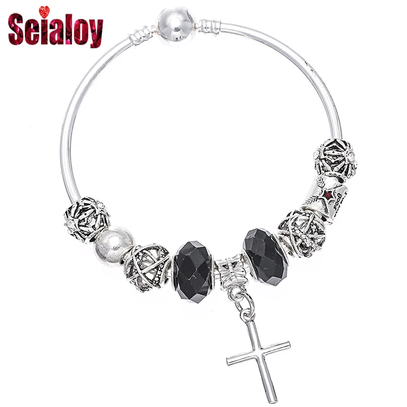 

SEIALOY Retro Silver Openwork Galaxy Faith Cross Brand Bracelet For Women Men Unisex Black Charm Bracelet Jewelry Gift