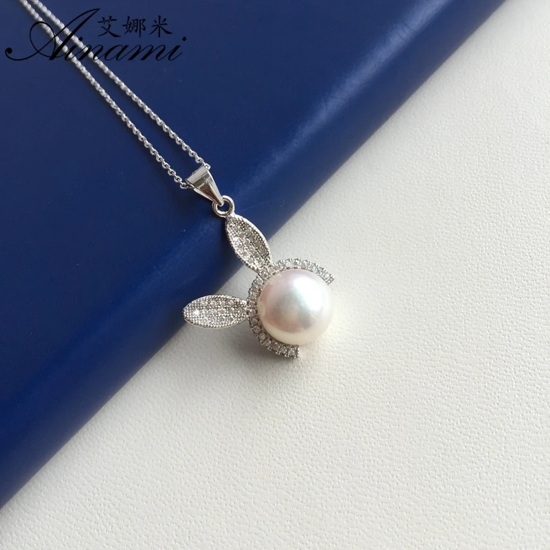 

[Ainami] shiny rabbit Pearl Necklace 925 Sterling Silver 9.5-10mm Natural Pearl Choker Necklace Romantic gift for woman Freeship