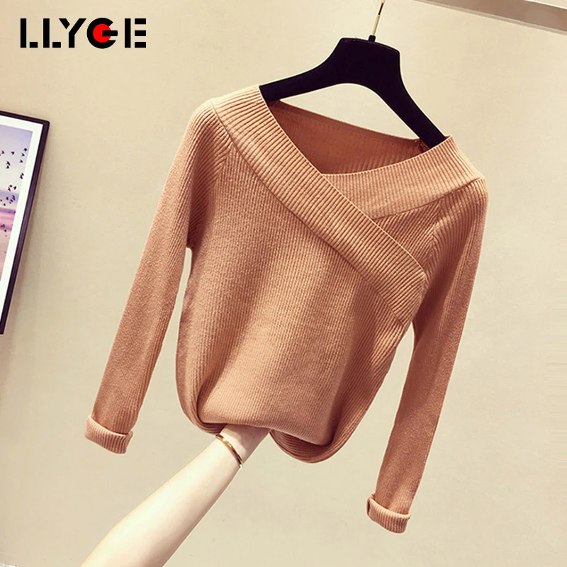 

LLYGE Women's Winter Sexy Off Shoulder Sweater 2018 Autumn Female Fashion Top Lady V-neck Cashmere Solid Knitted Pullover Jumper