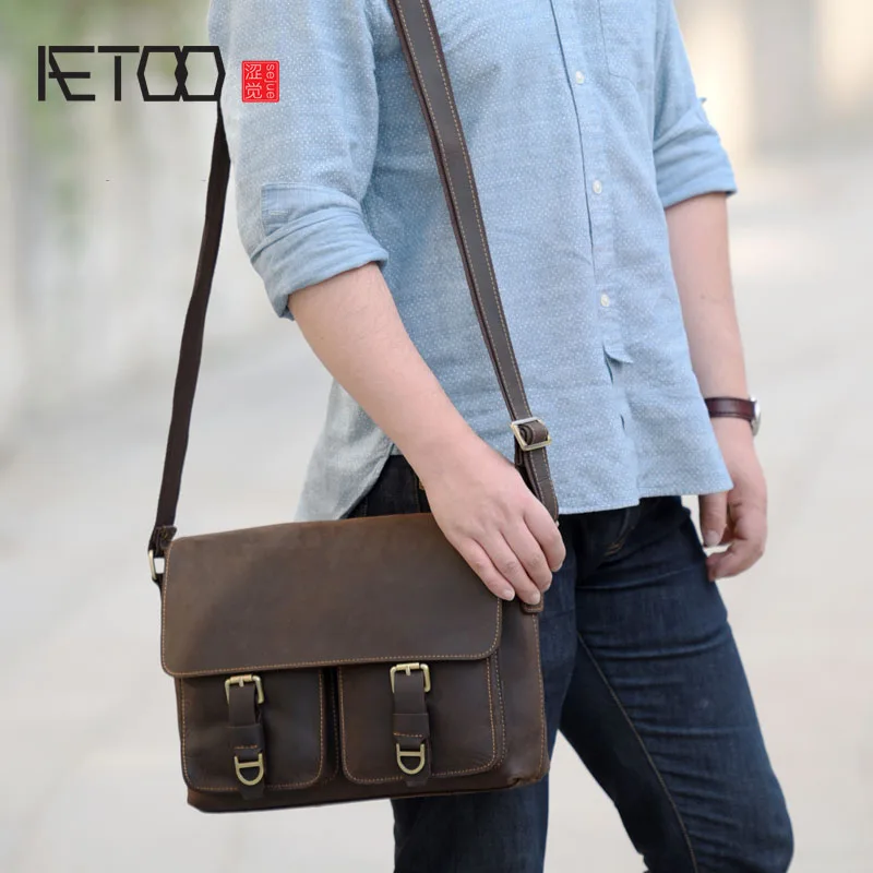 

AETOO British postman bag head cowhide men shoulder bag cross section leather horseshoe wave handbag