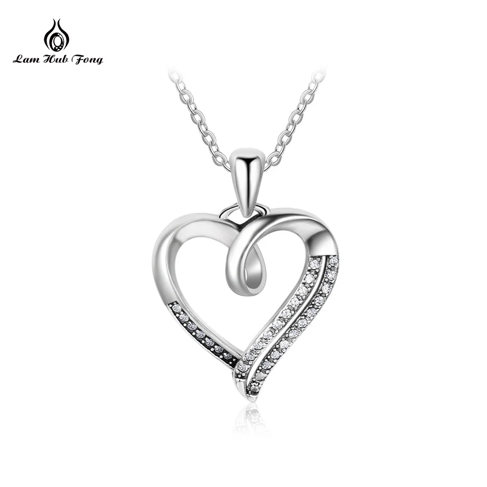Genuine 925 Sterling Silver Female Heart Pendant Necklace with Clear CZ