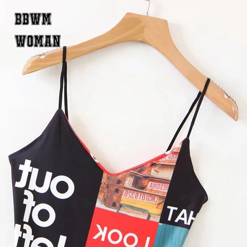 Letter Printed Photo Style Women Siamese Tops Fashion Contrast Color Strap Female Bodysuits 2018 Sexy Rompers Playsuits ZO279