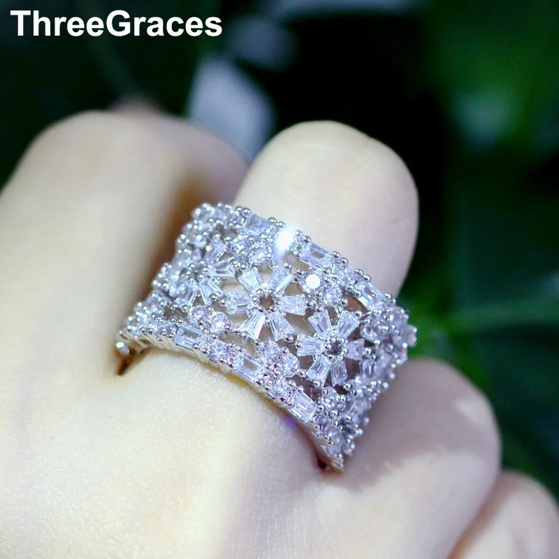 

ThreeGraces Fashion Brand Jewelry Luxury CZ Stone Hollow Out Big Statement Round Wedding Finger Rings for Brides RG088