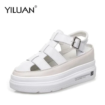 

Yiluan Thick soled white Genuine leather Rome Sandals Hollow women 2020 summer new non-slip casual fashion outdoor sandals woman