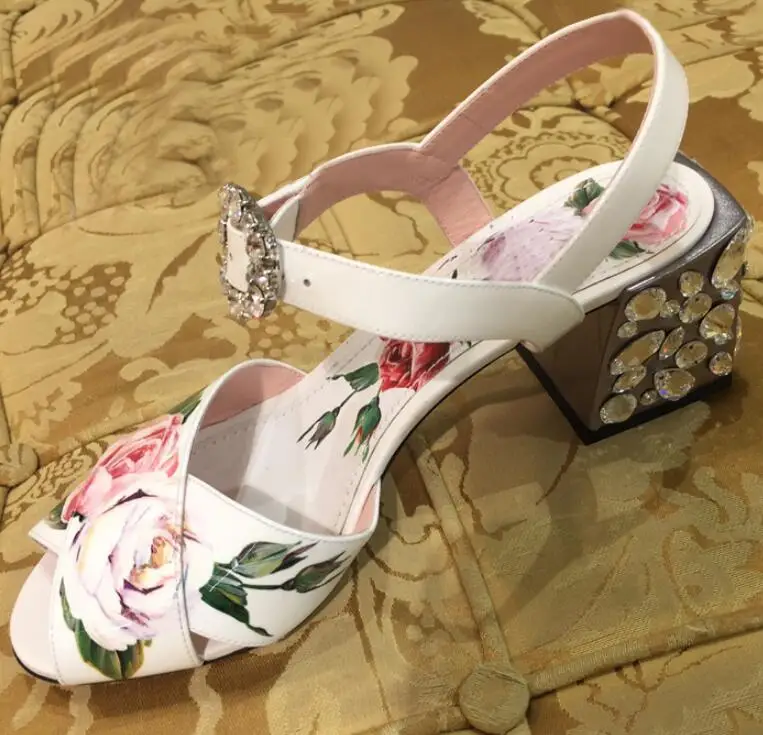 Impresa Reales Sandalias Chunky Verano Zapatos Fotos De Rosado Tacón Alta Macytino Flor Cristal Casuales blanco Tacones E5qnwOxa