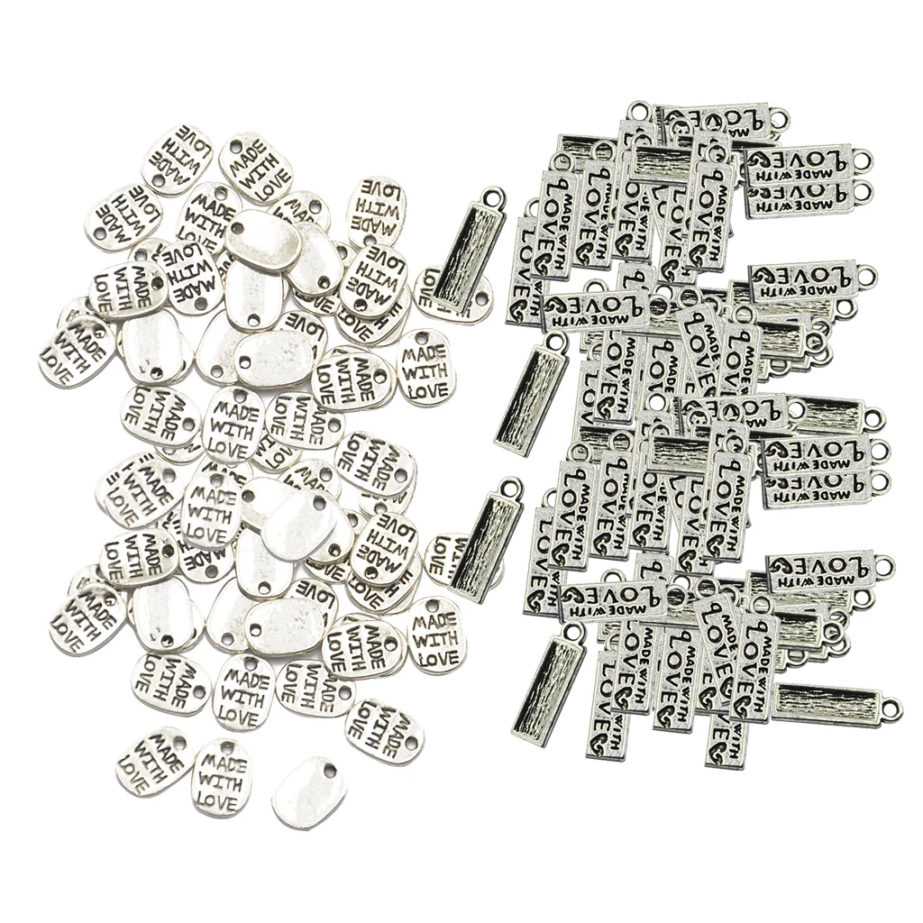 200pcs Jewelry Making Charm Rectangle Pendants MADE WITH LOVE Antique Design DIY Apparel Sewing Buttons Silver 