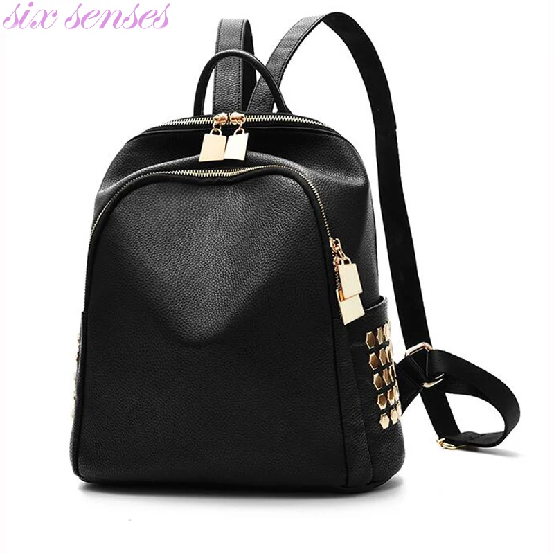 

Six senses Fashion Women Backpack Rivet School Bag for Girls PU Leather Backpacks Travel shoulder bag Mochila Escolar XD4090