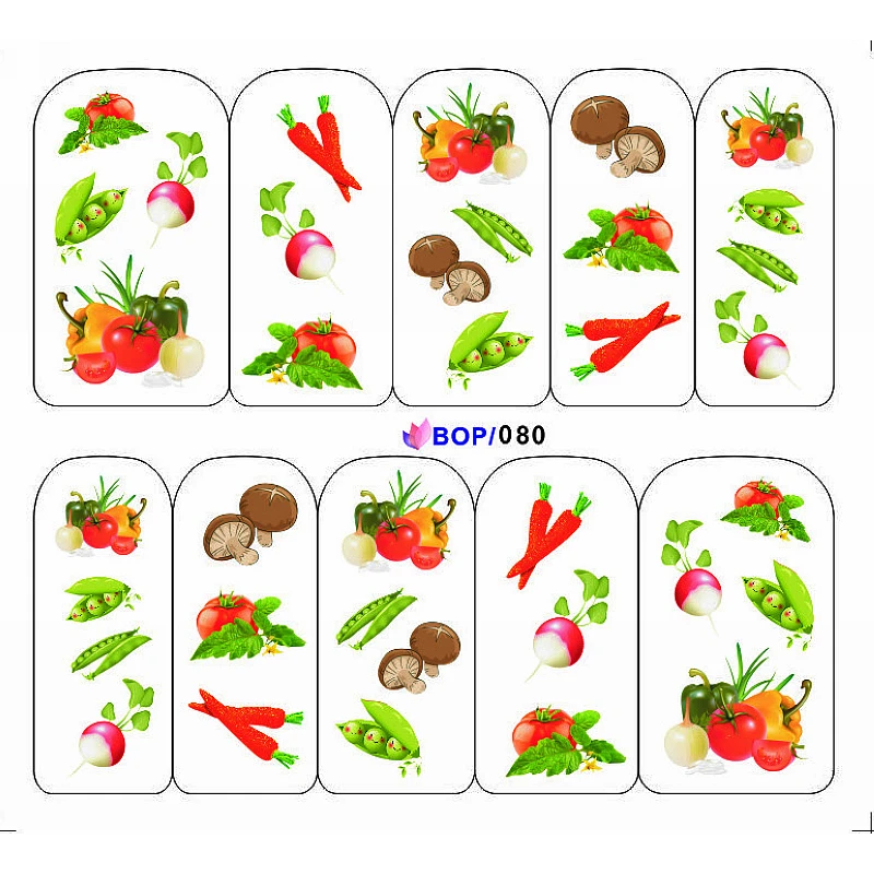 4 пачки/лот растительный перец томат огурец татуировки для ногтей наклейки водная наклейка для ногтей BOP080-083