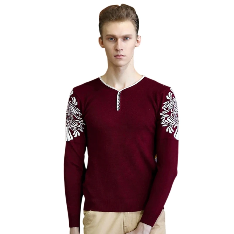 Fashion Print Pullover Men V Neck Buttons Sweater Men Long