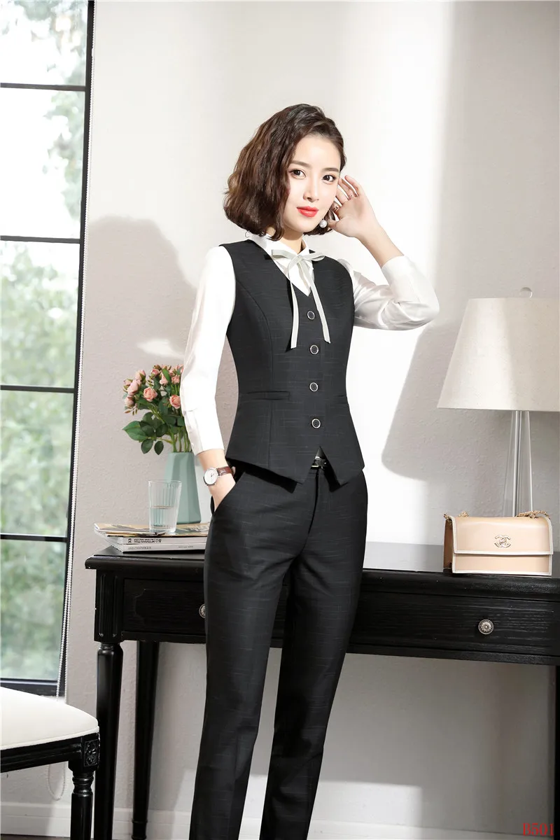 Формальные женские деловые костюмы со штанами и жилетом комплект для работы женская черная жилетка офисный униформенный стиль