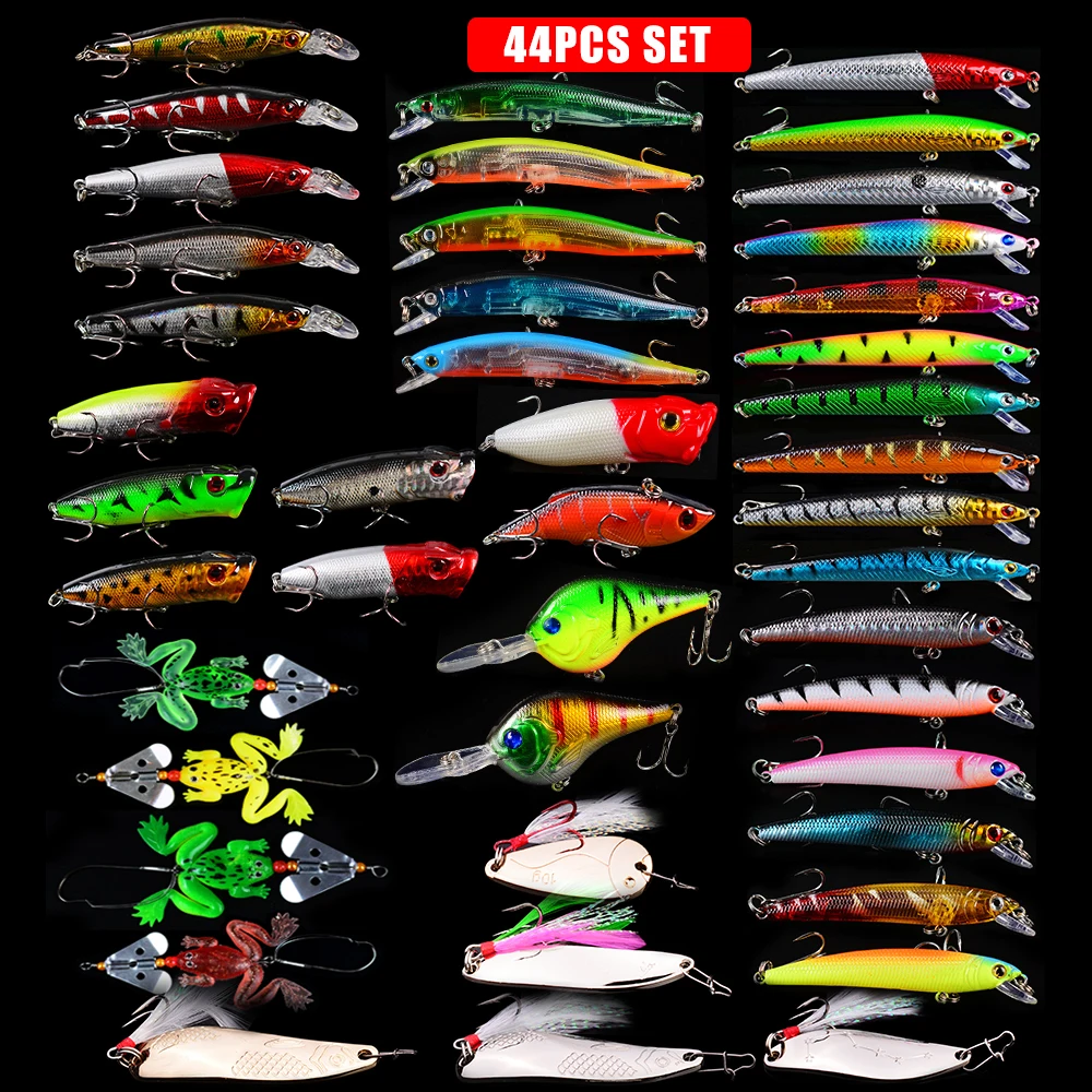 44Pcs/lot Frog Spoon Metal Popper Fishing Lures Baits wobbler Minnow Mix Size/Weight 12