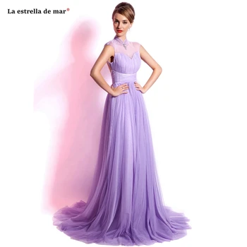 

Vestidos para boda invitadas21019 new tulle crystal high neck back A line lilac bridesmaid dress long brautjungfernkleid