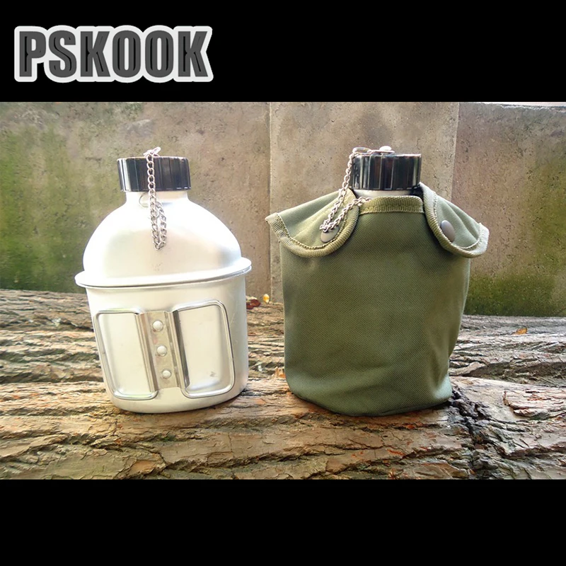 PSKOOK al aire libre cantimplora de aluminio botella de agua militar ejército bolso colgante botella Camping Set de cocina caja de almuerzo 1 Unidades