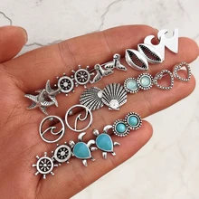 Богемные серьги-гвоздики в виде ракушки в виде штурвала, морская звезда, черепаха, набор для женщин, винтажные круглые серьги в форме сердца, Boho массивные ювелирные изделия, новинка