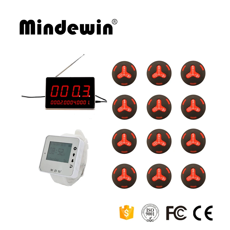 Mindewin Wireless Calling System 1 White Receiver Watch 12 Waterproof Waiter Call Buttons LED Display Hotel Pager | Компьютеры и офис
