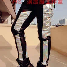 S-5XL Новинка года мужская одежда певица BIGBANG выполнение Панк Черный Лазерная Цвет сшивания кожи Штаны Большие размеры сценические костюмы