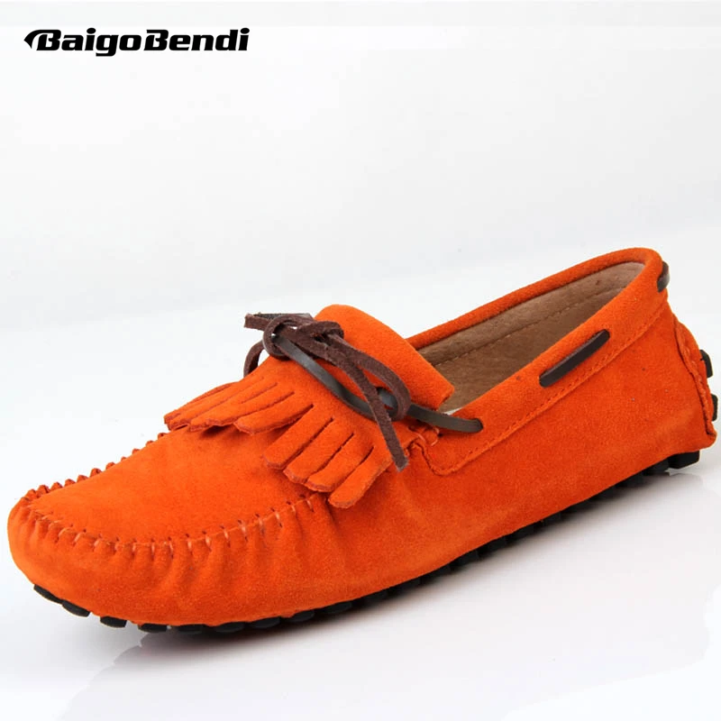 Clearance Sale Size US 6.5 Men Cow Suede Leather Slip On Tassel Loafers Fashion Men Driving Fringe Moccasins Boat Shoes Orange