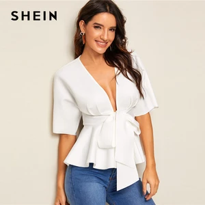 SHEIN Plunge Neck Tie Waist Peplum Top White Solid Slim Fit Women's Tops and Blouses Deep V Neck Summer Short Sleeve Blouse
