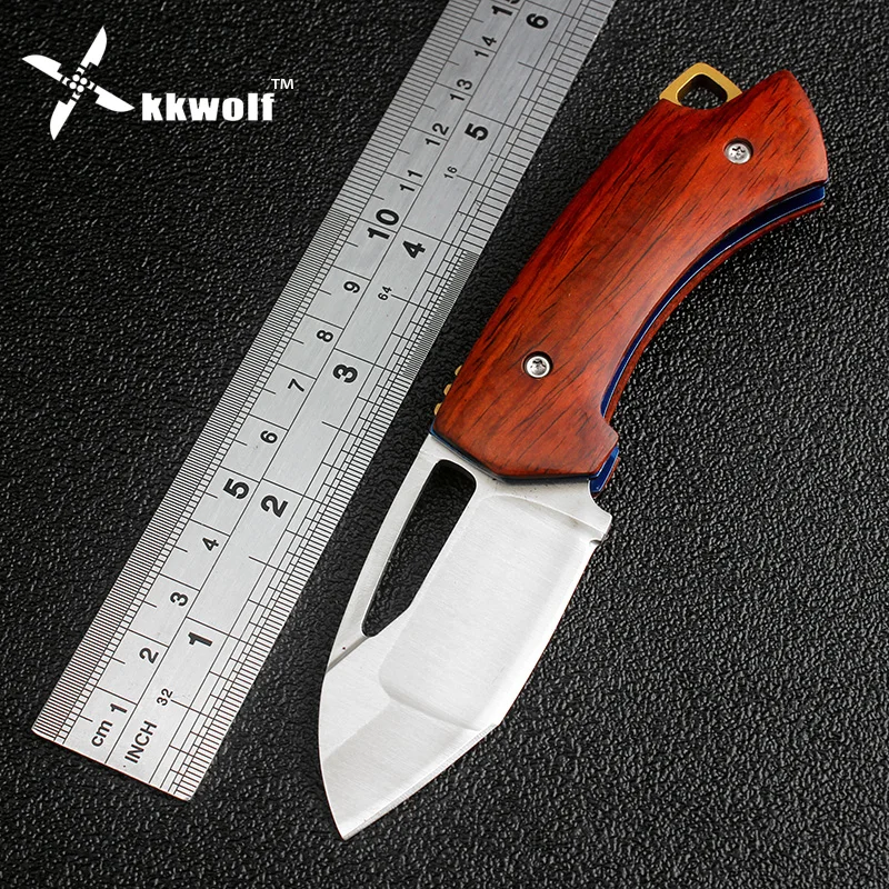 KKWOLF mini cuchillo de bolsillo D2 hoja de acero plegable de camping