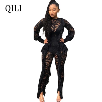 

QILI Black Lace See Through Jumpsuits Women Sexy Romper Ruffles Long Sleeve Overalls Nightclub Club Sexy Jumpsuits New 2019