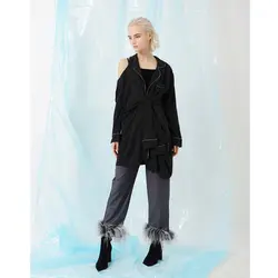 Уличная одежда женская пижама стиль Turn-Down Воротник выдалбливают плечо с длинным рукавом полосатый свободный пиджак черный FS0690