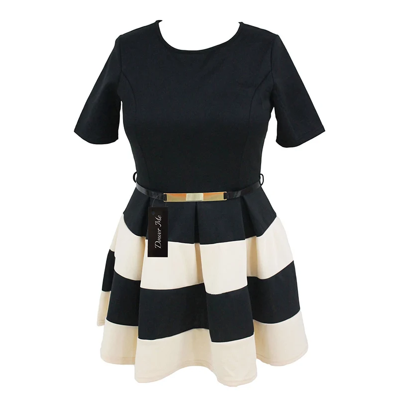 Women's Casual Summer Style Block Striped Belted Plus Size A-Line Short Sleeve Mini Skater Dress XXXL W870401A (2)