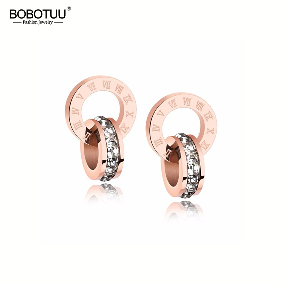 

BOBOTUU Gold Color Shiny Cubic Zirconia Wedding Earrings For Women Stainless Steel Circle Stud Earring Birthday Jewelry BE17014