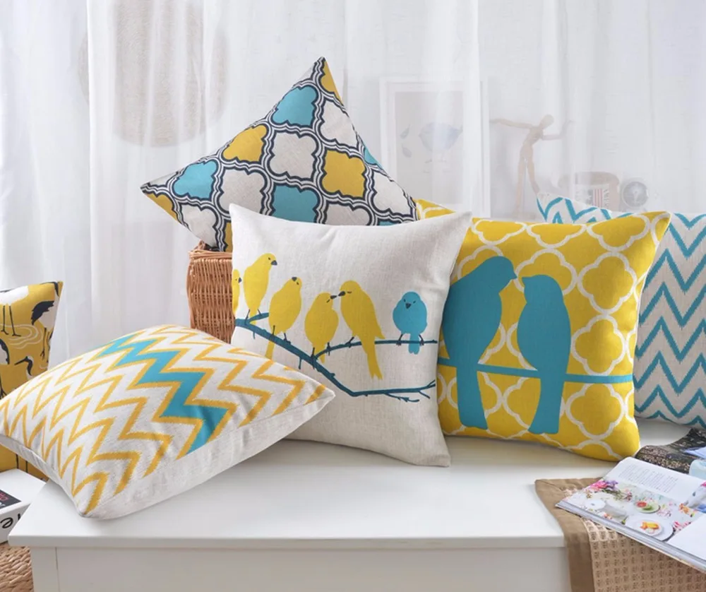 Geometric Decorative Pillows Case Bird Zig zag Yellow Blue Cushion