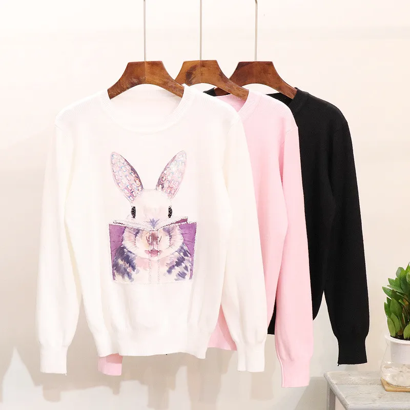 Spring Autumn European Cartoon Tops Bunny Beading Sweaters Long-sleeved Round Neck Women Fashion Jumpers White Knit Pullovers | Женская