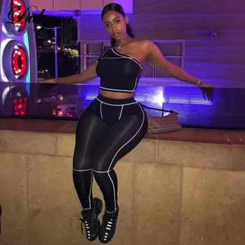 

Dulzura 2019 summer autumn women two piece set one shoulder tracksuits crop top high waist sportswear fitness 2 pieces set