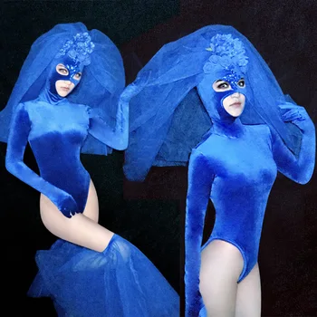 

Mysterious Masked Jumpsuit Female Sexy Nightclub Bar Queen Blue Performance Stage Singer Costume Slim Fit DJ Dance Rose Suit