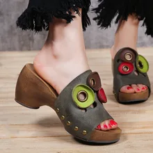 Vintage female slippers thick heel genuine leather sandals ladies fashion platform cool slippers 2017 candy color
