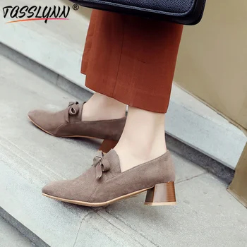 

TASSLYNN 2019 Spring Wedding Shoes Women Pumps Flock Square Heels Ladies Square Toe Med Heels Sweet Girl Pumps Big Size 34- 43