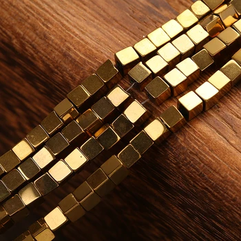 

Natural Stone Gold Hematite Fit Diy necklace Cube Square Loose Spacer Beads For Jewelry Making 4mm