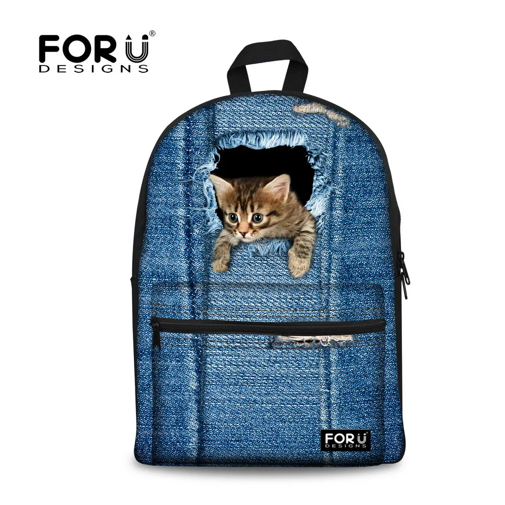 FORUDESIGNS/парусиновые школьные рюкзаки Джинсовый Рюкзак с принтом кота для