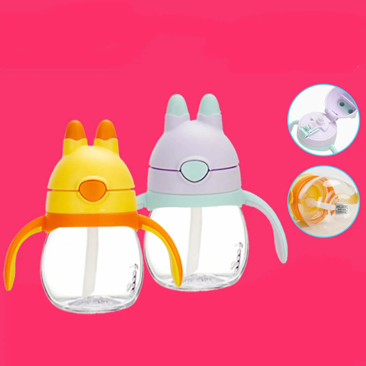 

Children Straw leak Proof Cup With Handle Portable Drinking Cup Lovely Rabbit Shape Infants Training Drink Water