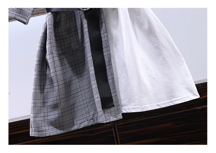 Trytree Летнее Платье асимметричное женское клетчатое лоскутное платье-футболка с О-образным вырезом и поясом длиной выше колена свободное Черное и белое Повседневное платье