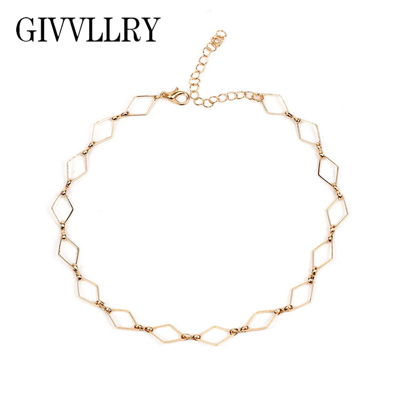 

GIVVLLRY Minimalist Collar Chain Necklace for Women Elegant Gold Color Hollow Rhombus Geometric Choker Necklace Fashion Jewelry