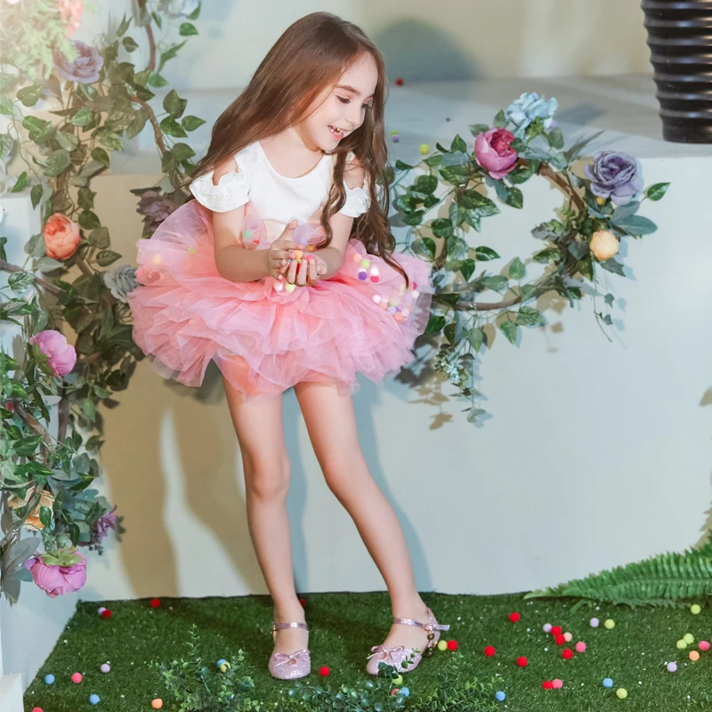 Buenos Ninos Baby Girls Fluffy 8-Layers Ballet Dance Pettiskirt Girl Princess Tulle Skirt With Pompom Puff Balls For 1-6T6