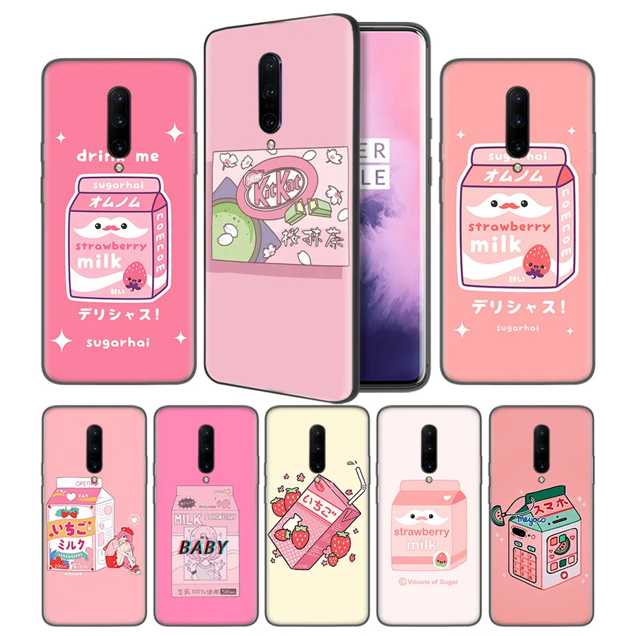 

Kawaii Japanese Strawberry Milk Soft Black Silicone Case Cover for OnePlus 6 6T 7 Pro 5G Ultra-thin TPU Phone Back Protective