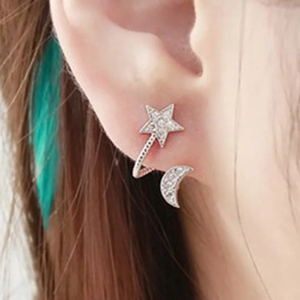 2021 Hot Selling 2 Color Ctystal Moon And Star Ear Cuff Earrings For Women Fine Jewelry | Украшения и аксессуары