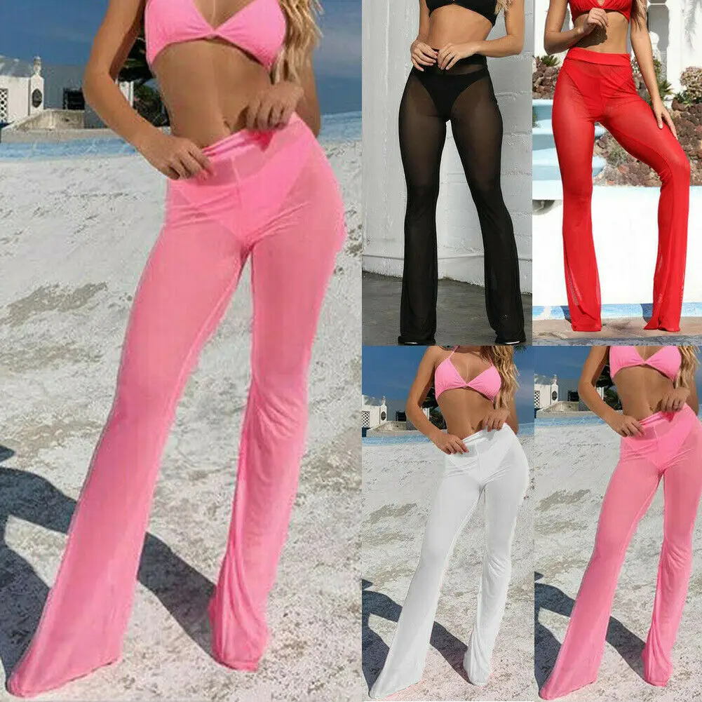 

Womens Mesh Sheer Swimwear Bikini Cover Up Pants Transparent Beachwear Trousers Chiffon See-Through Long Beach Pants