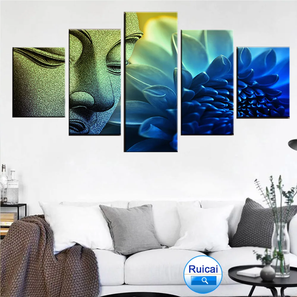 

Wall art picture 5 pieces Buddha head portrait blue lotus painting poster canvas living room HD print home decoration frame