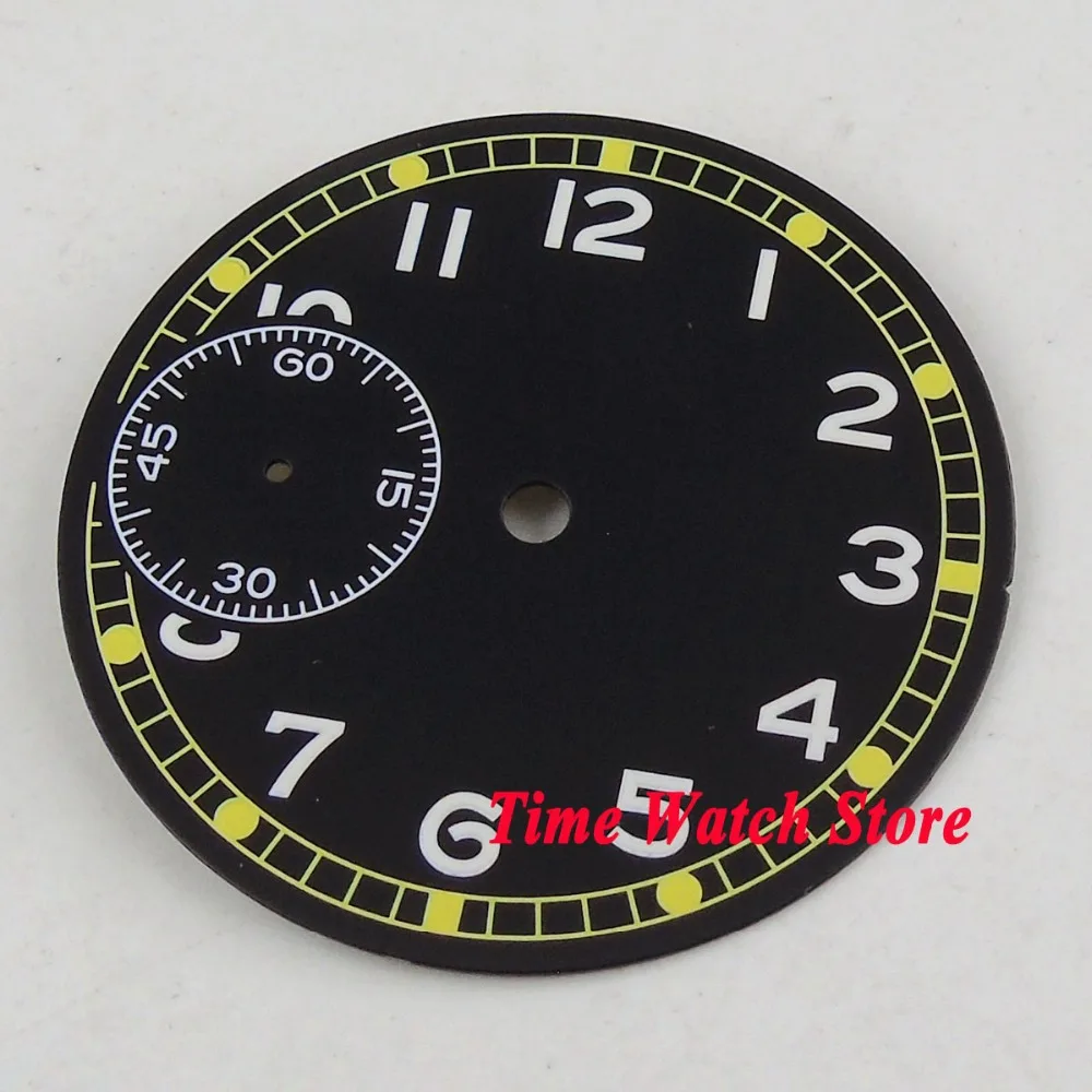 

36.8mm BLACK sterile dial Arabic numerals YELLOW marks Watch Dial fit ETA 6497 Hand winding movement D122