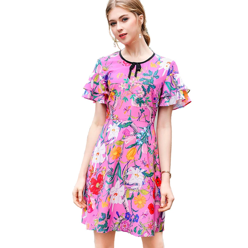 

2018 Spring and summer Bohemian Fashion Sexy Print Waist Slim Thin Floral Chiffon Dress