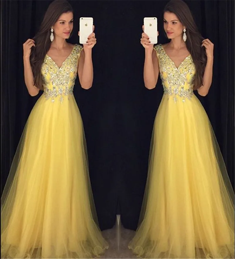 Vestidos de fiesta Sexy Vestido de Noche Largo Amarillo 2017 Con Cuello