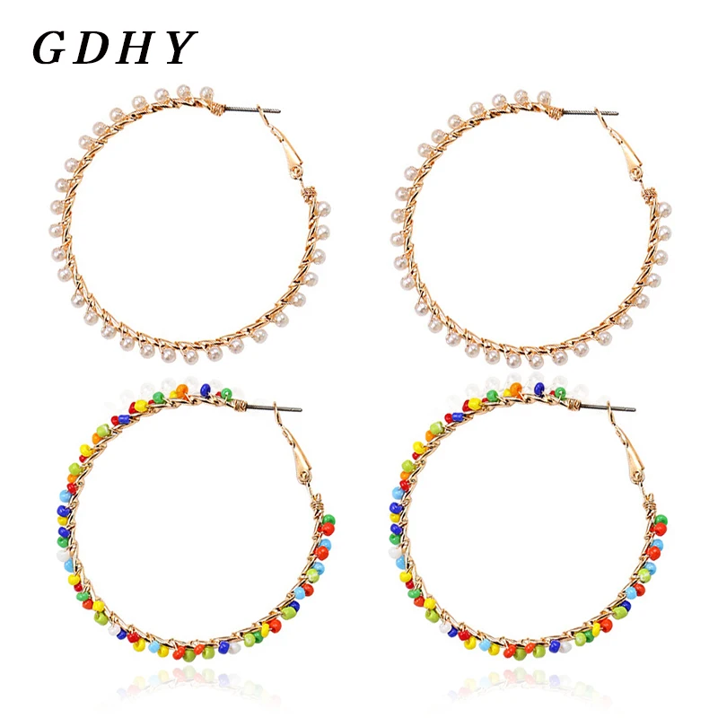 

GDHY Fashion Pearl Coloured pearls Round Circle Hoop Earrings Women's Boho grand circle Brincos Bijoux Mother Day Jewelry Gift
