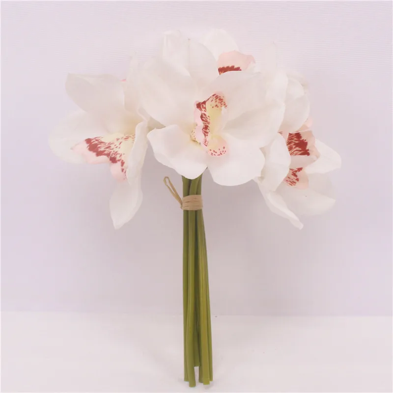 Настоящее прикосновение cymbidium 6 головок короткая съемка украшение стола цветок DIY Свадебные невесты ручной цветы домашний декор искусственная Орхидея - Цвет: Белый